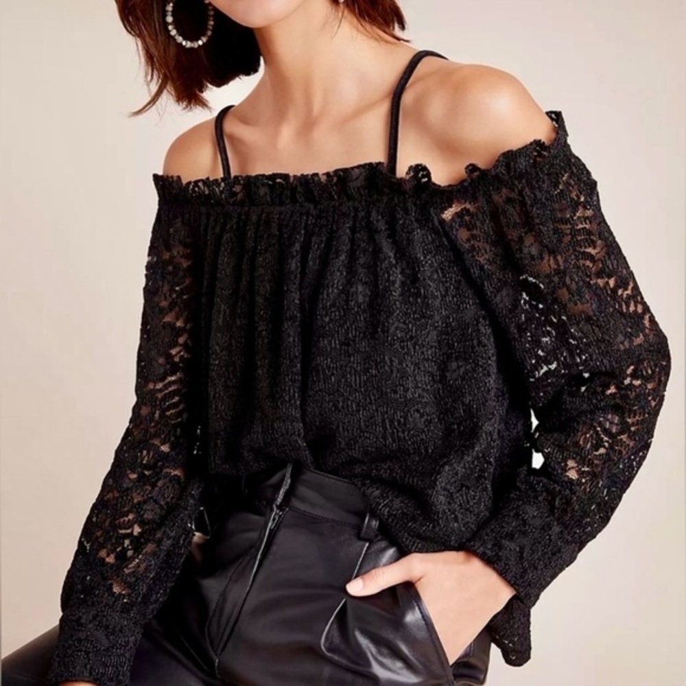 Anthropologie Eri + Ali Black Velvet Off The Shoulder Romana Lace Top Sz XS, NWT